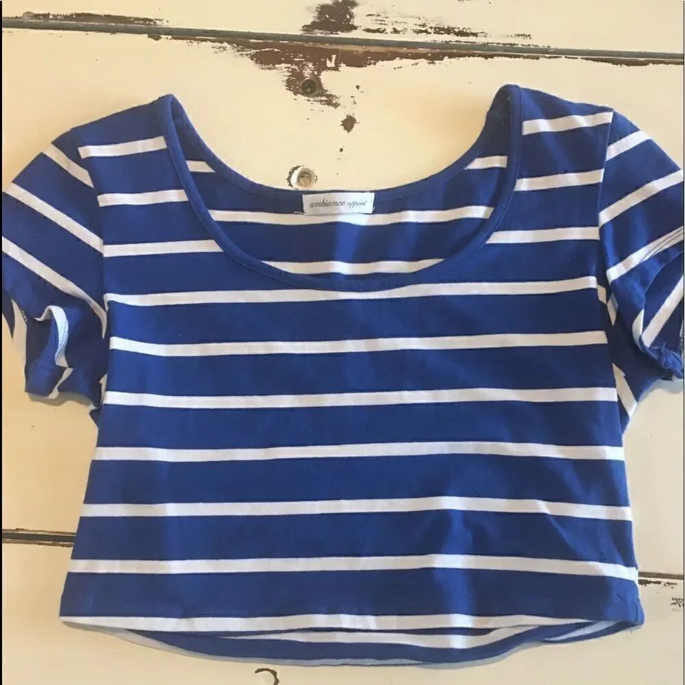 Small blue striped crop top fitted short sleeve shirt